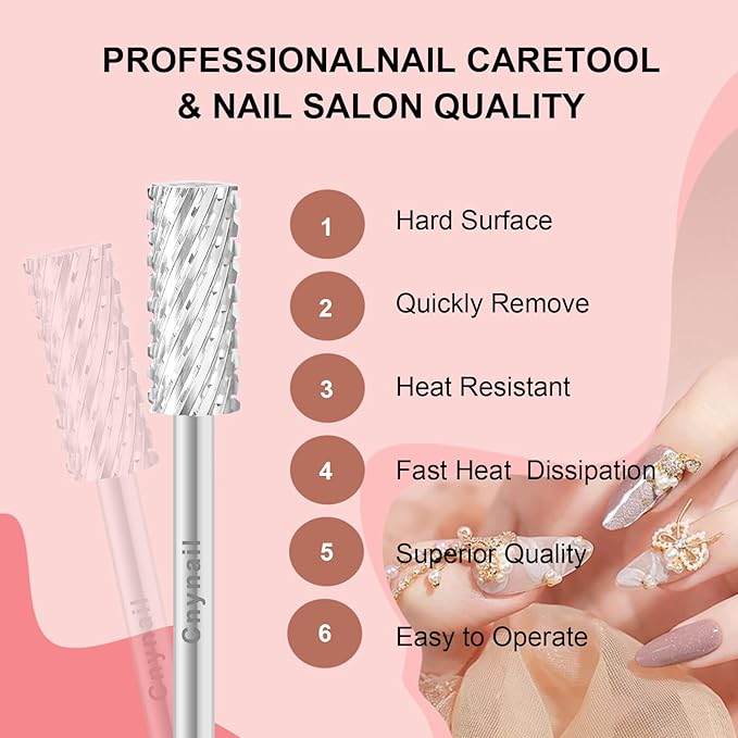 3/32" 5.35MM Small Barrel Flat Top Bit Tungsten Carbide Nail Drill Bit Safety Bit for Gel & Acrylic Removal, 2-Way Rotating Efile Tip, Salon Electric File Accessory (2XC Grit, Silver)
