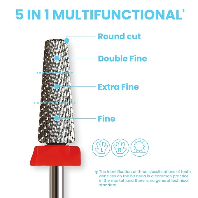16mm 5 in 1 Tapered Barrel Nail Drill Bits, 3/32'' Safety Tungsten Carbide Bits, Right & Left Rotation, Manicure Cuticle Gel Acrylic Removal Polishing, Technicians Bits, Fine.