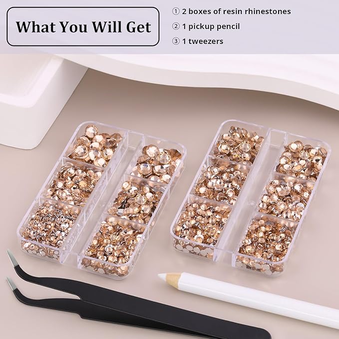 Resin Rhinestones for Crafting, 2 Boxeses Champagne Multi Sizes Flatback Bedazzling Crystals for Crafts Nail Art Deco, Non Hotfix Gems Charms for Tumbler Shoes Clothing Fabric Face Makeup
