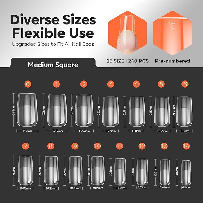 modelones Gel Nail Kit Square, 15Sizes False Nail Tips Instant Apex Solid Glue & Mini LED Light, Medium Square Pre-Building Strong Thick Acrylic Press on Tips U/V Lamp Extension Kit Women Gift 240Pcs
