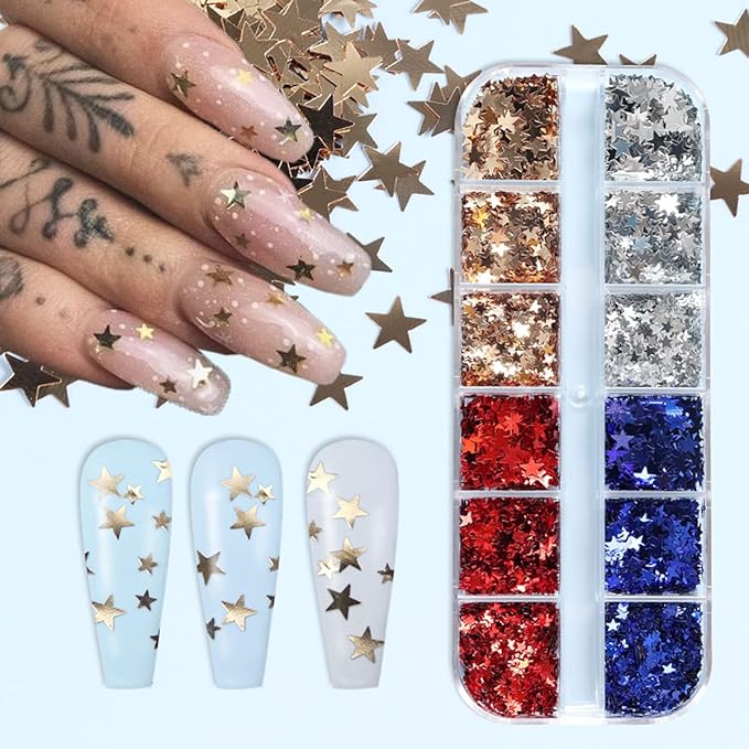 12 Grids Stars Nail Art Glitter Sequins 3D Holographic Nail Glitter Flakes Design Independence Day Acrylic Nail Sequins America 4th of July Star Nail Sequins for Women Girls Decorations