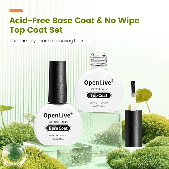 2 Bottle 10ml Gel Base Coat and Top Coat Set - No Wipe Quick Drying Long Lasting Glossy Gel Polish for Home DIY and Salon