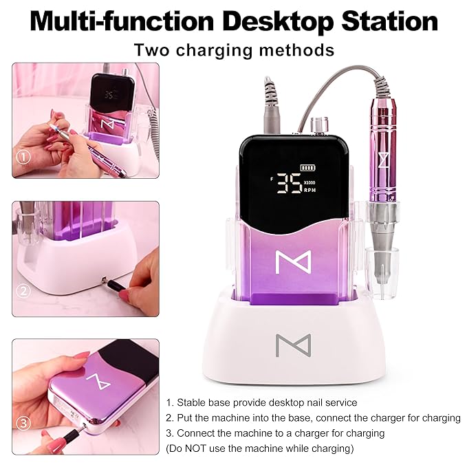 M Mase- Professional Nail Drill Machine - Coreless 2-in-1 Nail File - Electric, Cordless, 35000 RPM, HD Display - Electric Nail Drill for Professional & Home Use (Gold)
