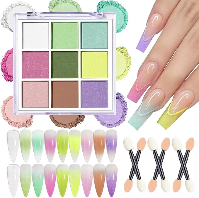 Nail Pigment Powder Palette, 9 Colors Solid Pigment Powder for Nails Ombre Gradient Aura French Manicure, Nail Art Palette Rub Dust Glitter Manicure Home DIY Decoration Accessories, Light Colors