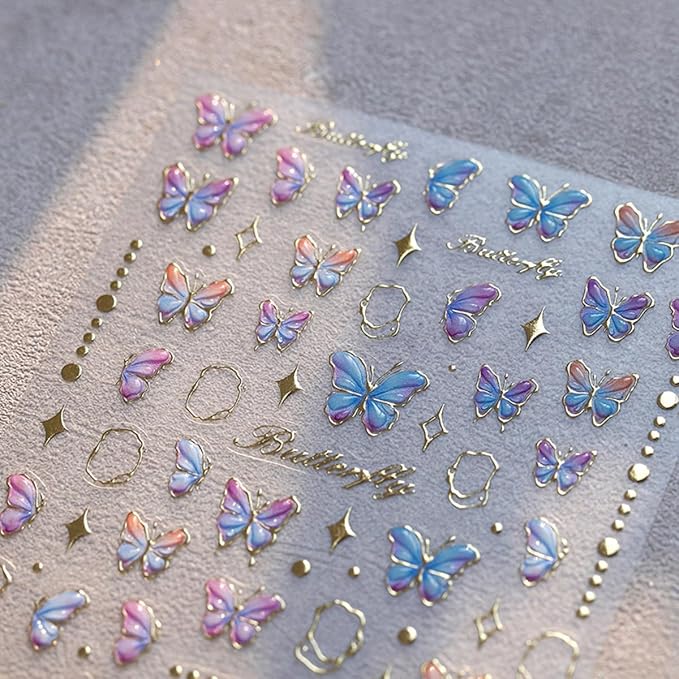 Butterfly Nail Art Stickers Decals Butterfly Nail Stickers Blue Shinny Butterfly Nails Design 5D Embossed Self Adhesive Nail Decals Butterfly Stickers for Women Girl DIY Manicure Nail Art Decorations