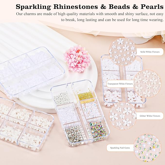 4 Boxes 3D Flower Nail Charms and Gems - White Nail Flower Charms Crystal AB Clear Gemstones Silver/Gold Caviar Beads White/AB Pearls for Women DIY Manicure Crafts (17-S4-White)