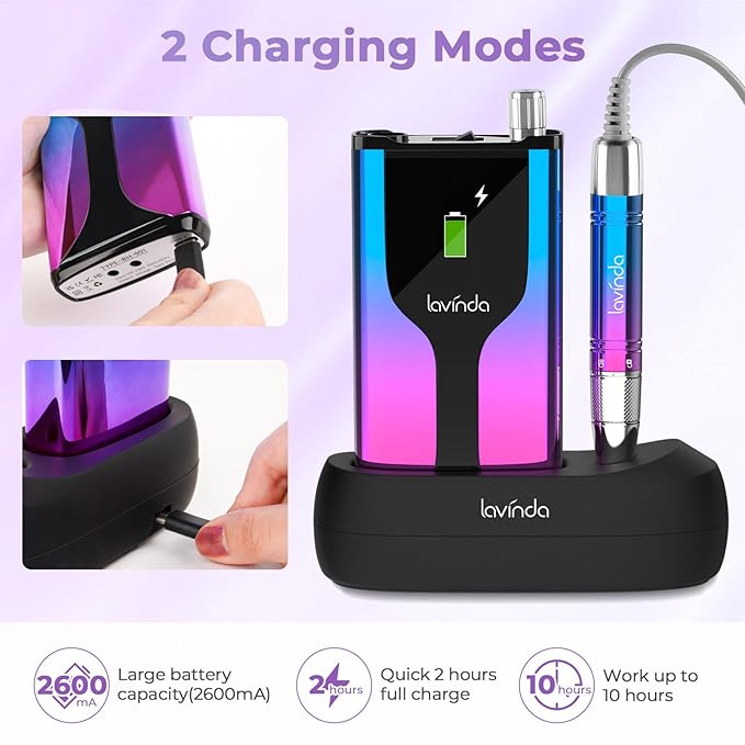 Lavinda Professional Rechargeable Nail Drill Machine, Cordless 35,000RPM Skyspace Brushless Nail Drill, Portable Electrical Nail File for Acrylic Nails with Protective Case, Gradient Blue & Purple