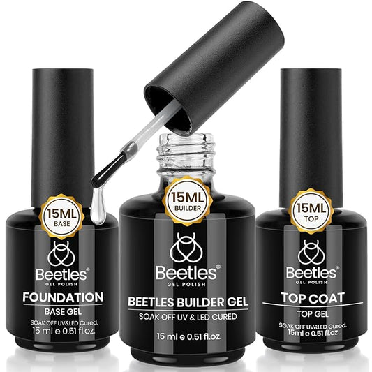 Beetles 3Pcs 15ml Builder Nails Gel with No Wipe Top Coat and Base Coat Set, Nail Extension Strengthening Nail for UV LED Lamp, Soak Off Gel Nail Polish for Nail Art