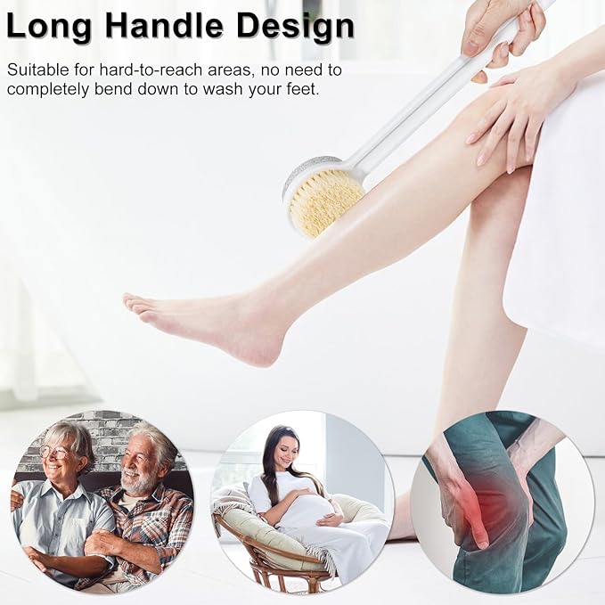 Pumice Stone for Feet and Shower Brush with Long Handle, 3Pcs Hard Skin Callus Remover, 2 in 1 Foot Scrubber Brush, Back Scrubber Body Brush for Shower Deep Cleansing and Exfoliating, Straight