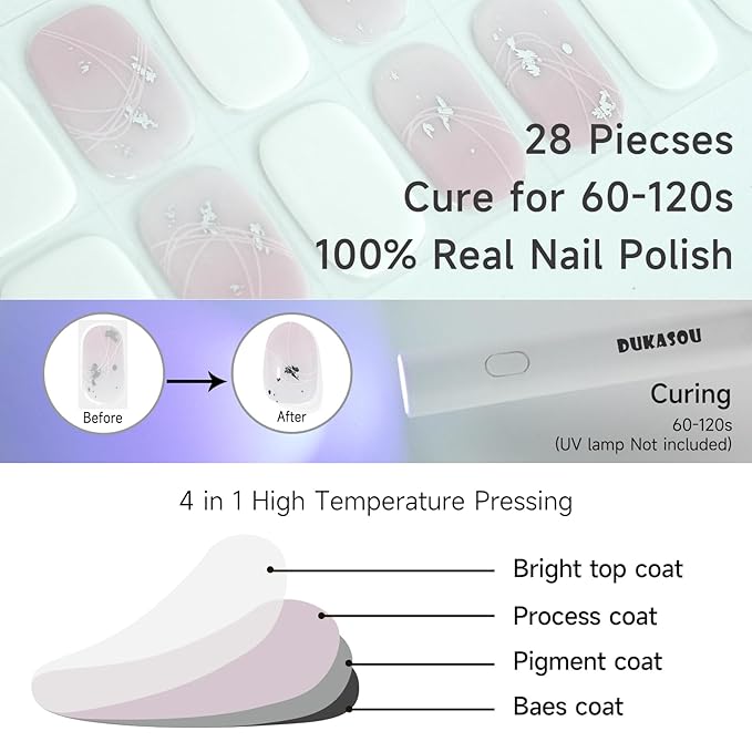 Semi Cured Gel Nail Strips, Orchid Fragrance | 28 pcs Chinese Style Gel Nail Strips Work with Any UV Lamp, Salon Quality New Chinese Nail Stickers, Include Prep Pads, Nail File&Wood Stick