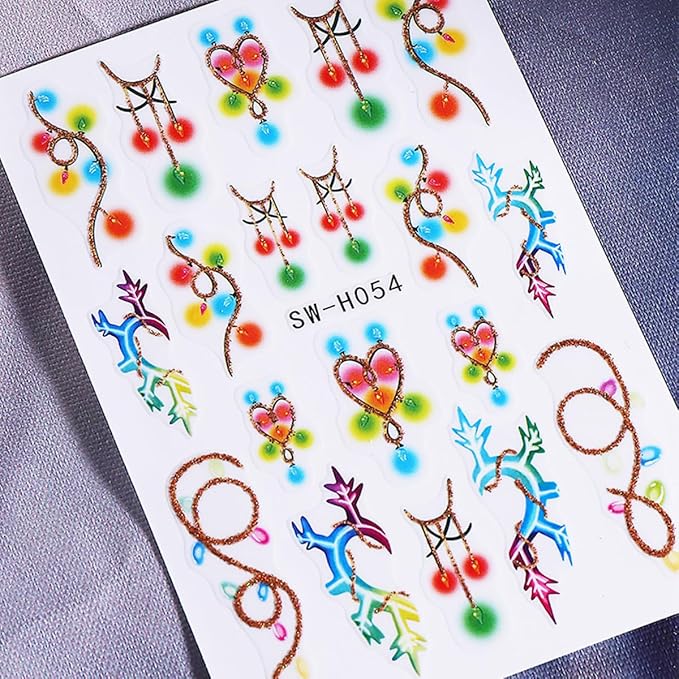 3 Sheets Christmas Nail Art Stickers Flower Nail Decals with Xmas Tree Elk Colored Light Snowflakes Design 3D Self-Adhesive Nail Stickers Acrylic Nail Supplies for Women DIY Christmas Decorations