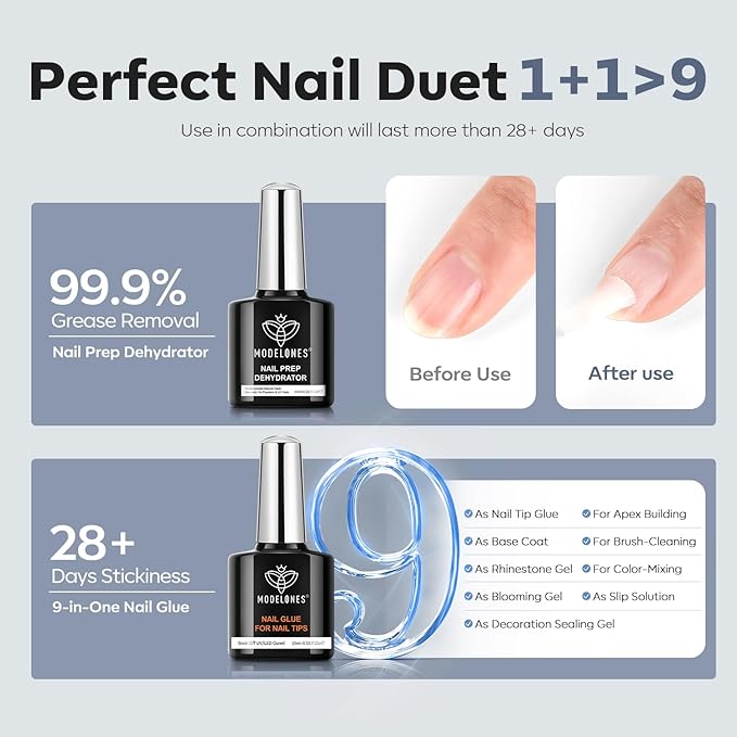modelones Gel Nail Kit Short Coffin, Upgrade 510Pcs Fake Nails 15Sizes, 9-in-One Glue Prep Dehydrator & Mini U V Light Clipper, Pre-shaped Half Matte Press on Short Coffin Tips for DIY Salon