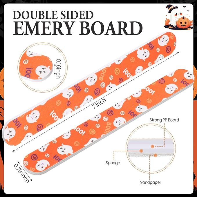 100 Pcs Halloween Nail Files Gift for Women 7 Inch Large Emery Board Nail File for Natural Nails Double Sided 180 Grit Pumpkin Bat Spider Skull Emery Board Manicure Tools for Party Supplies