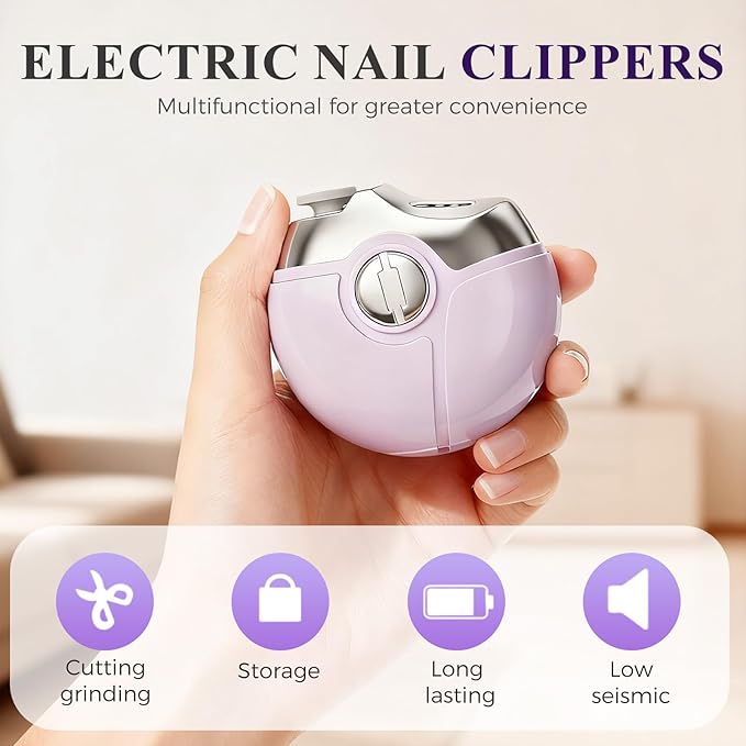 3 in 1 Electric Polishing Automatic Nail Clippers, 2025 New Electric Nail Clipper for Baby Adults, Rechargeable Electric Toenail Clippers for Seniors, Smart Nail Trimmer Kits (Purple)