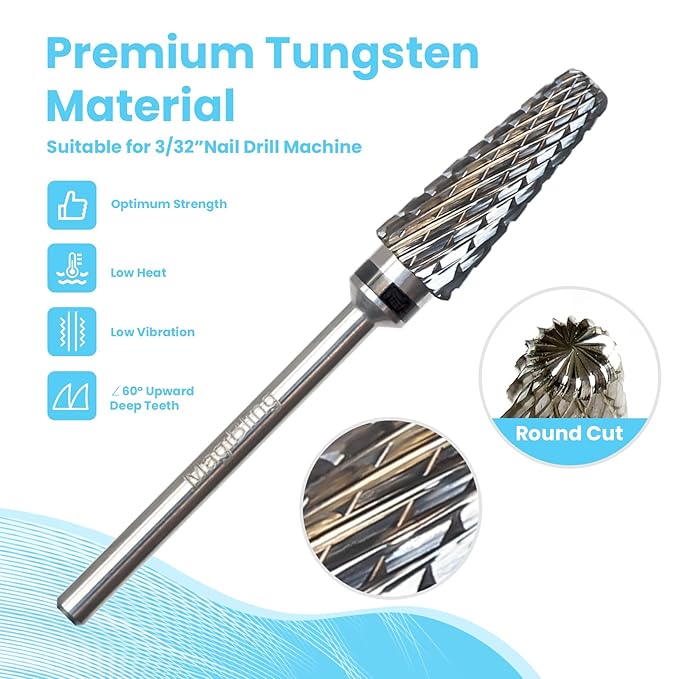Super Cut 5 In 1 Nail Drill Bits, Tapered Barrel 3/32'' Safety Tungsten Bits, Upward Cut for Hard Gel Removal, Right Hand Use, Manicure Cuticle Gel Polishing, Technicians Bits, Extra Coarse.
