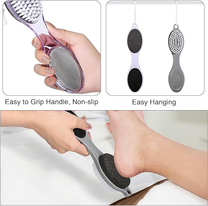Pumice Stone Brush for Feet 4 in 1, Foot File Callus Remover, Foot Rasp and Sand Paper Pedicure Tools with Handle, Shower Foot Scrubber, Soft Smooth Feet for Home Foot Care,2 Pack