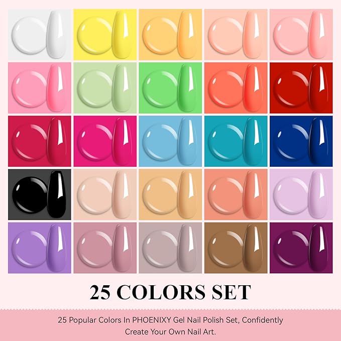 phoenixy 30 PCS Gel Nail Polish 25 Colors Gel Nail Polish Set with Base Coat Glossy Matte and Glitter Top Coat Pink Red Green Starter Gift for Women - PCB9041