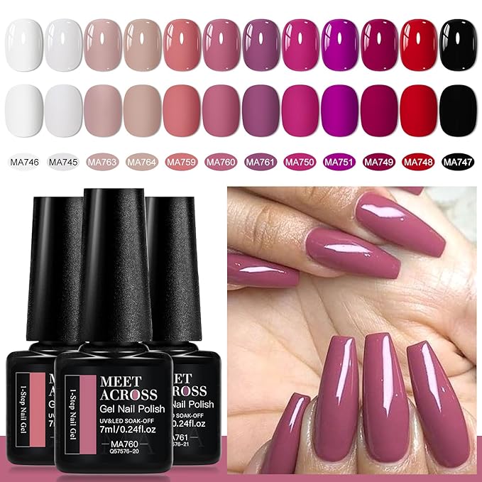 MEET ACROSS One Step Gel Nail Polish Set 12 Colors Nude Purple Red Black White Gel Polish Set Soak Off LED Starter Kit Nail Art DIY Manicure Gifts
