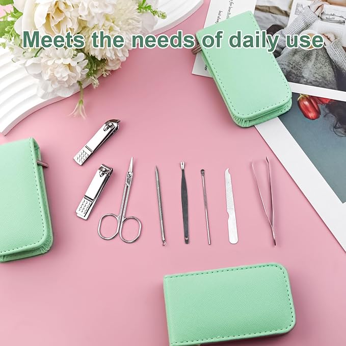 Manicure Set Bulk, Nail Clippers Kit Stainless Steel Fingernail Clippers Set, Sturdy Nail Tip Cutter Trimmers Professional Grooming Toenail Clippers Personal Pedicure Kits 8 in 1 (Green 12 Pack)