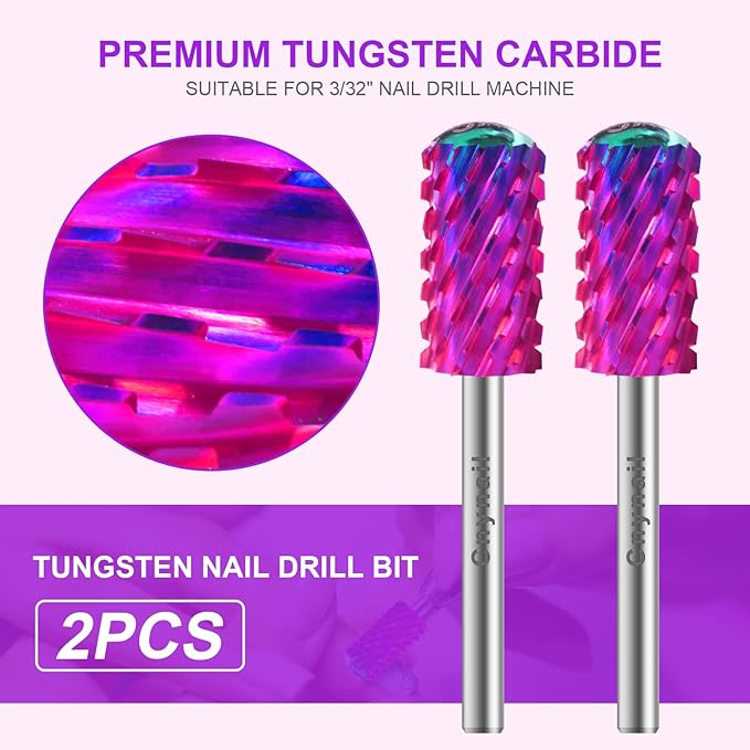 3/32" 2PCS Large Barrel Smooth Round Top Tungsten Carbide Nail Drill Bit Safety Bit for Gel & Acrylic Removal, 2-Way Rotating Efile Tip, Salon Electric File Accessory (3XC Grit, Purple)