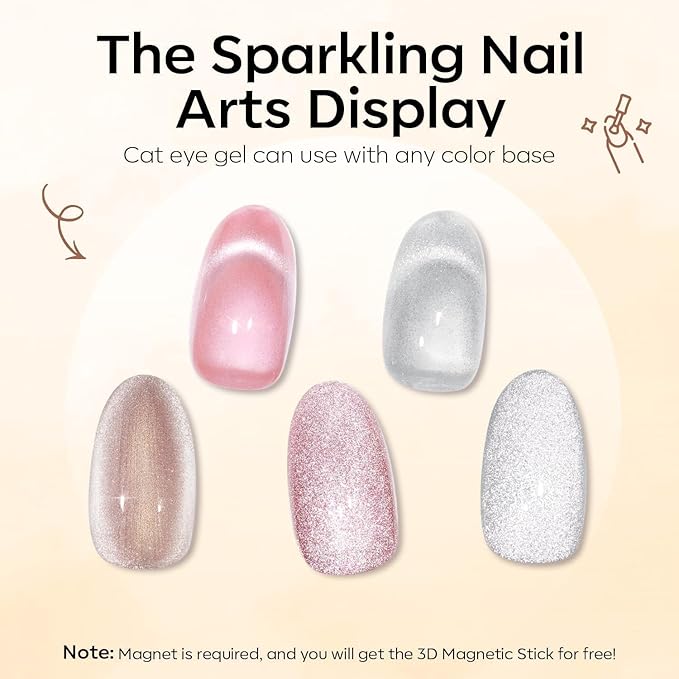 modelones Cat Eye Gel Nail Polish, 15 ML Pearl Nude Glitter Glass Gel Polish with Magnet Soak Off Led Shimmer Shell Thread Brown Nail Polish Top Coat for Women Girl DIY Nail Art Gift