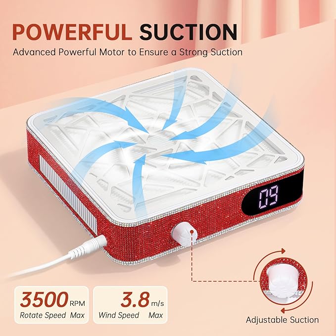 Nail Dust Collector, Powerful Vacuum Fan Vent Dust Collector Extractor Dust Suction Machine for Acrylic Nails Polishing, Nail Salon, Red Diamond