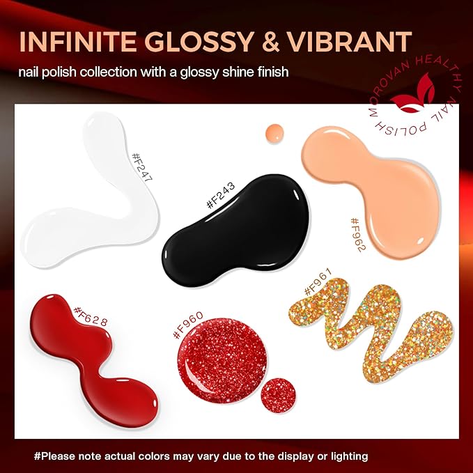 Morovan Nail Polish Set Fingernail: Red Black White Glitter Christmas Bright Nude Gold Nail Polish Kit Shimmer Sparkle Air Quick Dry Nail Pack for Nail Art Manicure 2025 Summer Holiday Gift for Women