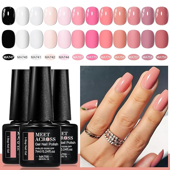 MEET ACROSS One Step Gel Nail Polish 12 Colors All-in-One Step Gel Polish Milky White Peach Soak Off LED/UV Lamp DIY Salon Manicure at Home Gift for Women & Girls