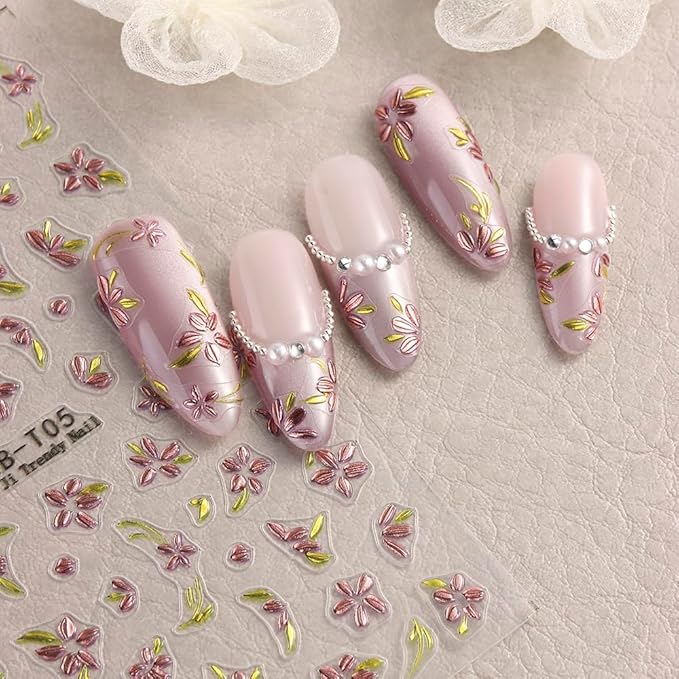 5 Sheets Bronzing Flower Nail Art Stickers Decals, Metallic Floral Leaf Plant 5D Embossed Nail Decals Self-Adhesive Nail Supplies Nail Art Design Decoration Accessories for Women and Girls