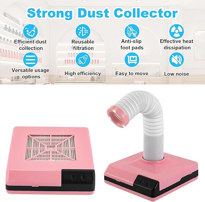 Nail Dust Collector, 60W Dental Polishing Dust Collector with Fan and LED Dual Function Low Noise Dust Suction Machine with Large Caliber Vacuum Cleaner Hose(2.4 In) for Dental Lab Nail Salon (Pink)