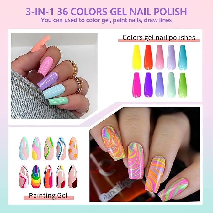 36 Colors Nail Art Gel Paint Kit, 38PCS Polish Set With Brush for DIY Design At Home, Solid Polish for DIY, Nails Kits Gift for Women