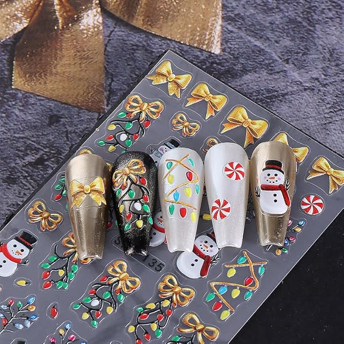 2Pcs Christmas Nail Stickers Christmas Tree Decals for Nail Art Bow Nail Design 5D Embossed Father Christmas Lamp Strip Nails Art Supplies Snowman Pine Tree Nails Accessories for Women DIY Decoration