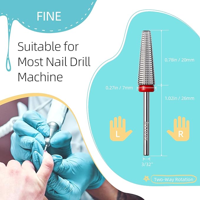 Fine Long 5 in 1 Nail Drill Bits, 20mm Tapered Carbide Nail Bit, Straight Cut Safety Drill Bits for Nails, 3/32 Two-way, Electric Manicure Drills Accessories