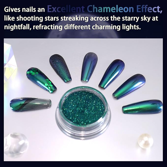 Allstarry Chameleon Chrome Nail Powder, Color-Shift Nail Powder Pigment Glitter Dust Magic Chameleon Mirror Effect Aurora Chrome Effect for Gel Polish Nail Art Decoration-Cyanobacteria