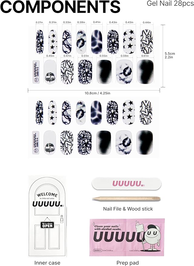 UUUUUU Semi Cured Gel Nail Strips | Salon-Quality | UV Free Gel Nail Wraps for Women | Easy Peel&Stick | Long-Lasting up to 14 Days | 28 Strips Set+File & Wipes | Gift-Ready(UGN102 Modern Museum)