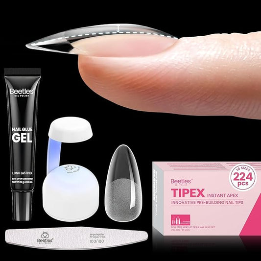 Beetles Tipex Gel Nail Kit, Medium Almond Nail Tips 224 Pcs 16 Sizes Pre-Building Pre-Etched False Nail Tips with Tipex Nail Glue, Mini Nail Lamp Thick Acrylic Nail Set