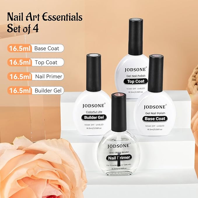 JODSONE 4Pcs Base Coat Top Coat Nail Primer Builder Gel for Strong Long Lasting Manicures Prep Protect and Perfect Your Nails 16.5ml Each Salon Quality Set