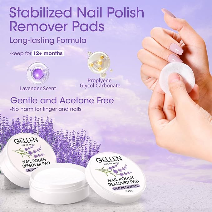 Gellen Nail Polish Remover Pads Acetone Free, Lavender Sent Nail Polish Remover Wipes for Fingernail Toenail, No Drying Formula,140pcs Travel Size Bulk Set, No Leakage, Long-lasting For 12+ Months