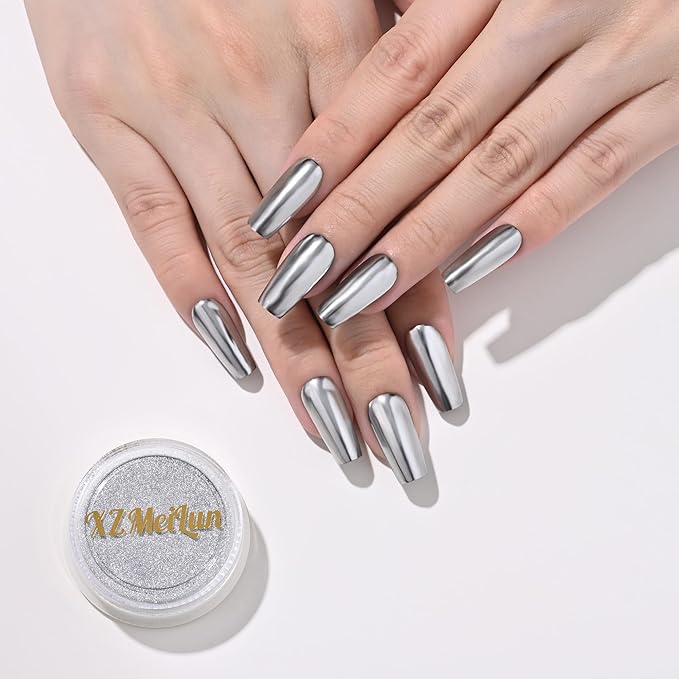 Silver Magic Mirror Chrome Nail Powder, Big-Capacity 1.5g Metallic Dust Holographic Effect Powder Pigment Glitter Manicure Kit, Nail Art, Can Mixed with Builder Gel Nail Polish for Use
