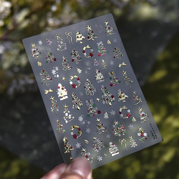 1 Sheet Christmas Nail Art Stickers Golden Xmas Tree Nail Decals with Rhinestone Star Bow Christmas Tree Nails Design Winter Xmas Nail Design Nail Supplies for Women DIY Holiday Manicure Decorations
