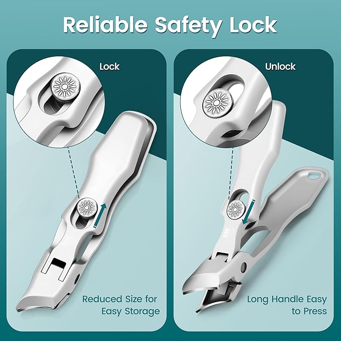 YTD Likomey Beveled Wide Jaw Opening Nail Clippers,Long Handled Toenail Clippers for Thick Nails,Ultra-Sharp Fingernail Clipper with Catcher,Nail Cutter with Nano Glass Nail File Set for Seniors