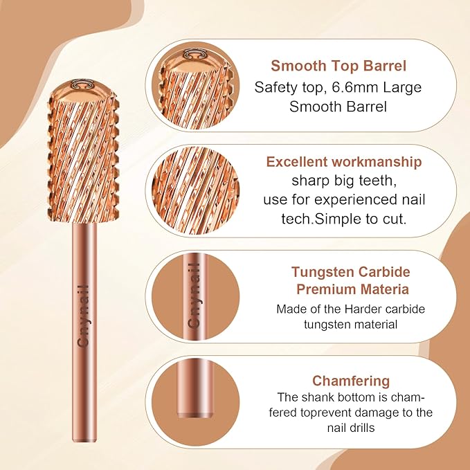 3/32" Large Barrel Smooth Round Top Tungsten Carbide Nail Drill Bit Safety Bit for Gel & Acrylic Removal, 2-Way Rotating Efile Tip, Salon Electric File Accessory (XC Grit, Rose Gold)