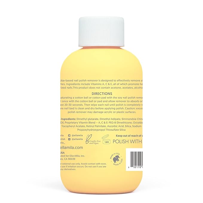 ella+mila Jojoba Nail Polish Remover Non-Acetone Nail Polish Remover - Non-Toxic Fingernail Polish Remover - Enriched With Jojoba oil & Vitamins (4 fl oz) Yellow