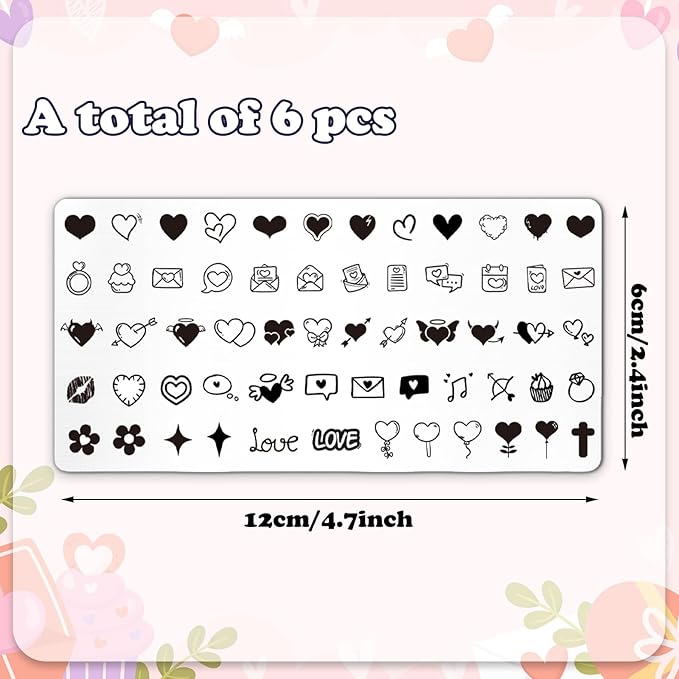 Whaline 6Pcs Happy Valentine Nail Plates Stamping Set Love Heart Stamp Templates Nail Art Plates for DIY Print Manicure Salon Design