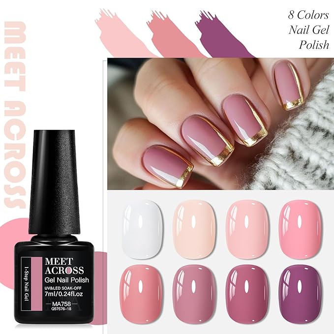 MEET ACROSS 1 Step Gel Polish Set Nail Art Manicure 3 in 1 Gel Kit Soak Off LED Gel Nail Varnishes No Need base gel top coat (Set-1, 8PCS)