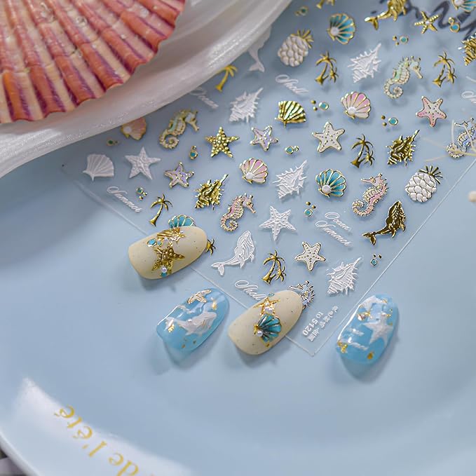 5D Embossed Seashell Nail Art Sticker with Pearl Shell Design Summer Nail Stickers Ocean Starfish Dolphin Seahorse Nail Decals Gold Conch Coconut Tree Stickers for Women Nails Supplies Decor 1Pcs