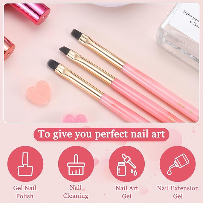 3PCS Nail Clean Up Brushes for OPI Nail Polish Remover, Brushes for Cleaning Polish Mistakes on the Cuticles, Acetone Resistant Nail Brushes for Nail Art and Designs（Jade Pink NEW）
