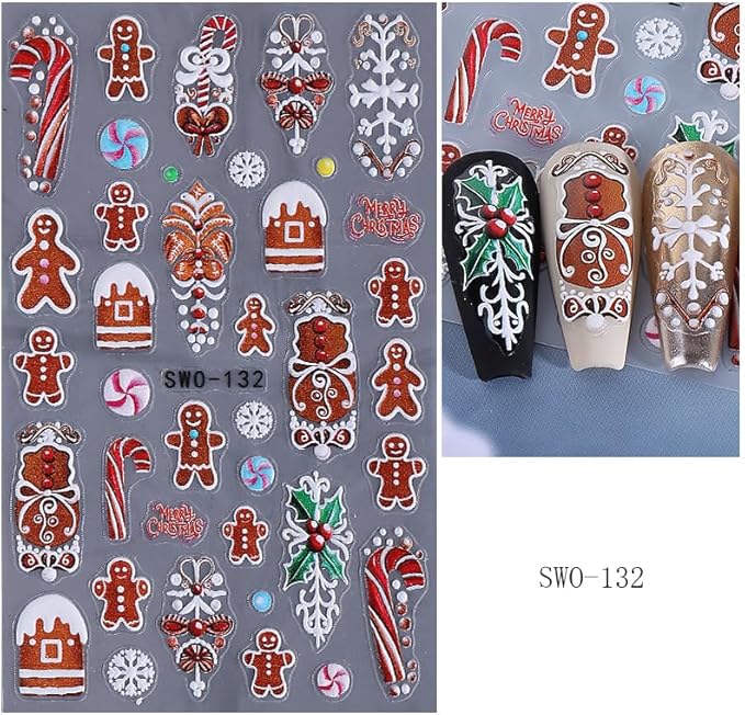 2Pcs Christmas Nail Stickers Snowflake Decals for Nail Art Red Bow Nail Design 5D Embossed Christmas Gift Nails Art Supplies Fawn Pine Tree Nails Accessories for Women DIY Manicure Art Decoration