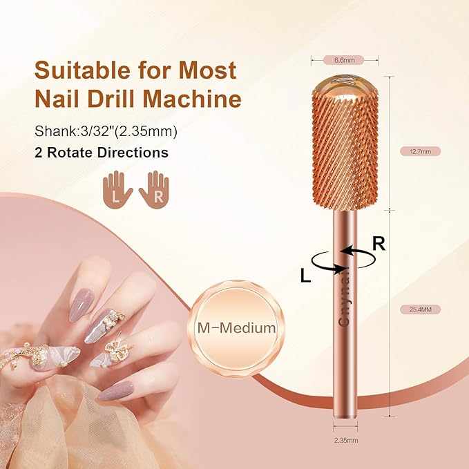 3/32" Large Barrel Smooth Round Top Tungsten Carbide Nail Drill Bit Safety Bit for Gel & Acrylic Removal, 2-Way Rotating Efile Tip, Salon Electric File Accessory (M Grit, Rose Gold)
