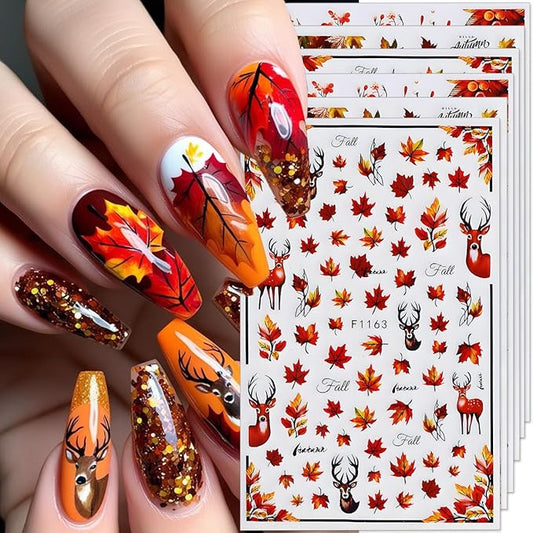 Fall Nail Art Stickers Autumn Maple Leaf Nail Decals 6PCS Autumn Leaves Deer Design 3D Self-Adhesive Nail Art Decorations Supplies Fall Stickers for Nails Women Thanksgiving Day DIY Manicure Decor